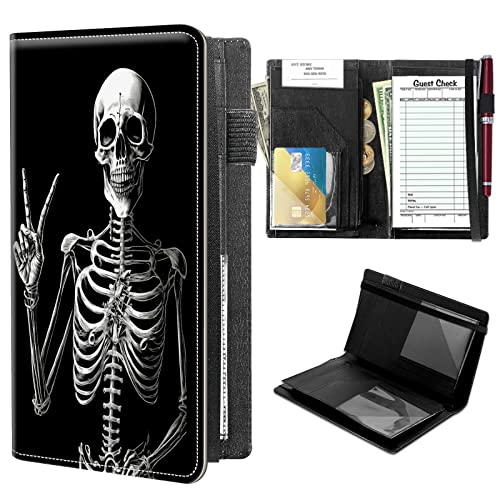 High Volume Server Books, Skull Funny Server Book w/ 2 Expandable Pockets 9 x 5 Cute Waitress Book Zipper Pocket & Strap Closure Waitstaff Organizer Server Booklet Waiter Money Wallet