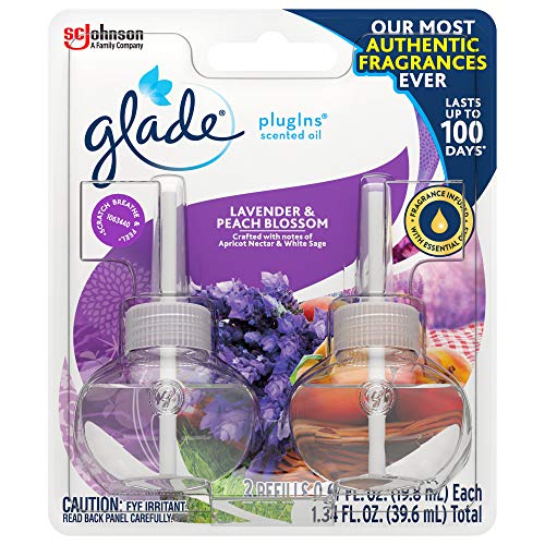 Glade PlugIns Refills Air Freshener, Scented and Essential Oils for Home and Bathroom, Lavender & Peach Blossom, 1.34 Fl Oz, 2 Count