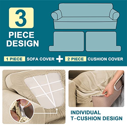 Turquoize 3 Pieces Sofa Covers T Cushion Sofa Slipcovers for 2 Cushion Couch Stretch Couch Cover Soft Sofa Slip Cover Furniture Covers with 2 Individual T Cushion Seat Covers,(Medium, Biscotti Beige) - Image 4