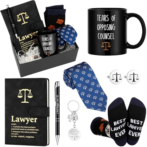 Sunnychicc 7 Pcs Lawyers Gifts Set for Men Include Leather Journal 11 oz Tears of Opposing Counsel Coffee Mug Law Pen Necktie Justice Cufflinks Novelty Socks KeyChain Gift for Attorney Judge