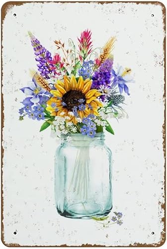 Easter Decor Tin Sign Wildflower Bouquet Print Mason Jar Floral Sign Decor Sunflower Wall Art Decor Decor Sign Plaque Bar Pub Club Mothers Day Metal Signs Spring Wall Decor 8x12 in