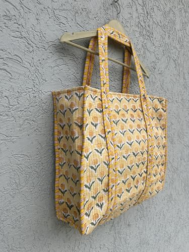 Image of Quilted Cotton Hand printed Reversible Large multicolor cotton Tote Bag,Indian Handmade Block Printed Tote Bag Women Handbag