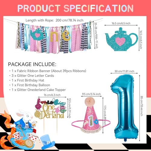 Image of Welcome to Onederland Highchair Banner for First Birthday Party Decorations | Teapot Onederland High Chair Banner for Girls Alice in Wonderland 1st Birthday Backdrop Decors Baby Shower Party Supplies