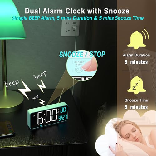Image of KOSUMOSU Digital Alarm Clock for Bedroom, 6.7in Desk Clock LED, Auto Dimming, Room Temperature, Day of The Week, Date, Seconds, Clocks for Living Room, Alarm Clocks for Bedrooms