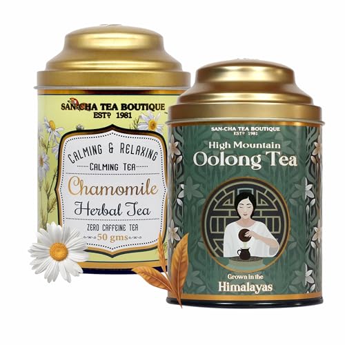Image of Sancha Tea Boutique, Tea Combo Pack: Chamomile Herbal (50g) & High Mountain Oolong Teas (50g), Loose Leaves, Supports Calming & Weight Relief