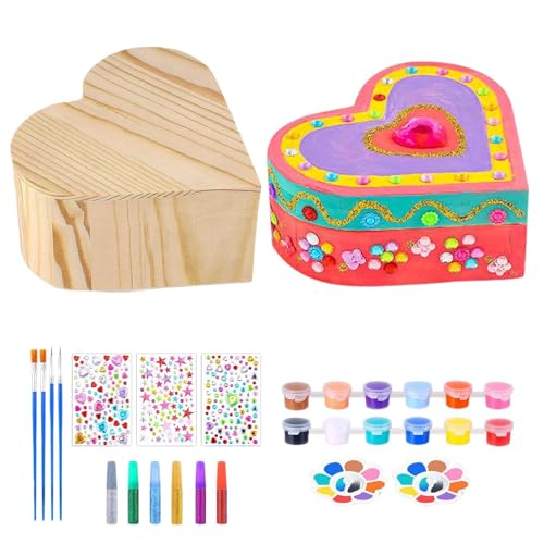 Decorate Wooden Jewelry Box - Paint Your Own Kit, Creative Heart Box Painting Activity, Paint Your Own Jewelry Boxs, Handicraft Art Set, Craft Toy for Boys Girls Kids Aged 3 12 Years