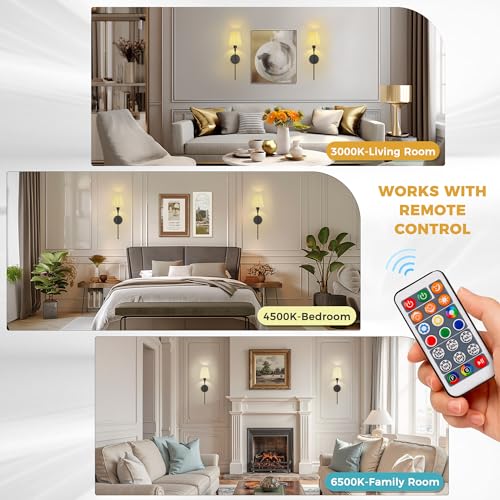 Image of DORESshop Battery Operated Wall Sconce Set of 2, 10 Color Wireless Wall Light Easy to Install, Sconce Wall Decor Set of 2 for Bedroom, Living Room, Pleated Fabric Shade, Black, 24.6in