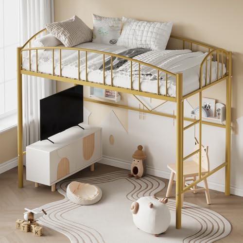 Loft Bed Twin Size with Stairs and Arched Guardrail, Sturdy Metal Slats Support, Space Saving, Noise Free, No Box Spring Needed, Ideal for Kid Room and Dorm, Gold