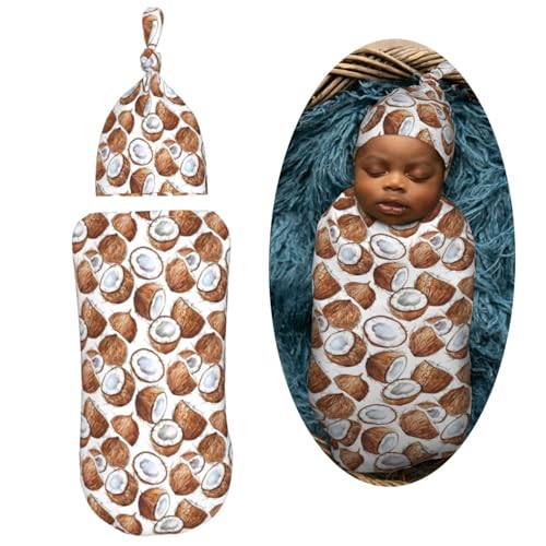 Image of Watercolor Coconuts Newborn Swaddle Blankets Hat Sets Soft Baby Receiving Blanket Swaddle Sack for Baby Shower Infant Boy Girl Gift
