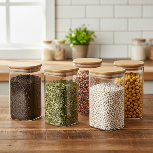 Image of ginoya brothers Airtight Borosilicate Glass Square Jar With Wooden Or Steel Lid Multi-Size, Container for Spices, Coffee, Grains, Snacks & Kitchen Organization (2, WOODEN LID, 420 ML)