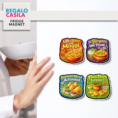 Image of Regalo Casila Indian Food Quotes Fridge Magnet 4 Pc Set Tourism Souvenir Wooden Travel Magnet Maggi Biryani Samosa Pani Puri Refrigerator Magnet Decorative Kitchen Decor Gift