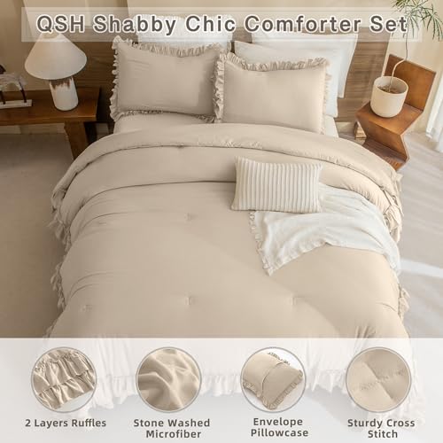 Image of Queen's House Ruffled King Size Comforter Set,Linen Feel Textured Farmhouse Lightweight Fluffy Boho Chic Bedding Comforter,Ultra Soft Microfiber Inner Fill Bedding