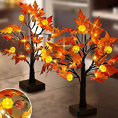 [ Timer ] 2 Pack 22 Inch Prelit Lighted Maple Tree Fall Decor Fall Tree 48 Leds Battery Operated 12 Exclusive Patent Pumpkins 12 Acorns Orange Red Maple Tree Thanksgiving Halloween Decor Indoor Home #TOP29
