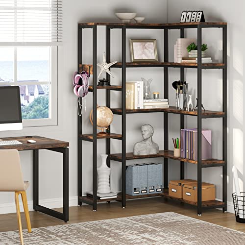Tiyase 5-Shelf Corner Bookshelf, Modern Large Corner Etagere Bookcase, 5-Tier Tall Corner Shelf Display Storage Rack With Metal Frame For Living Room Home Office, Rustic Brown #TOP3