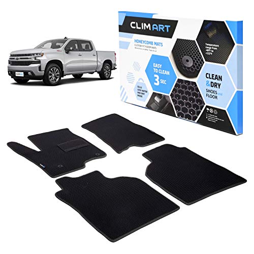 CLIM ART Honeycomb Custom Fit Floor Mats Compatible for Silverado/for Sierra 2019-2023 Crew Cab, 1&2 Row, Car Mats Floor Liner, All-Weather, Car Accessories, Black/Black - FL011419003