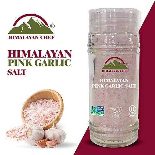 Himalayan Chef Himalayan Pink Garlic Salt - 3.6 Oz, Small Grinder Of Garlic Salt Seasoning, Natural & Certified #TOP1