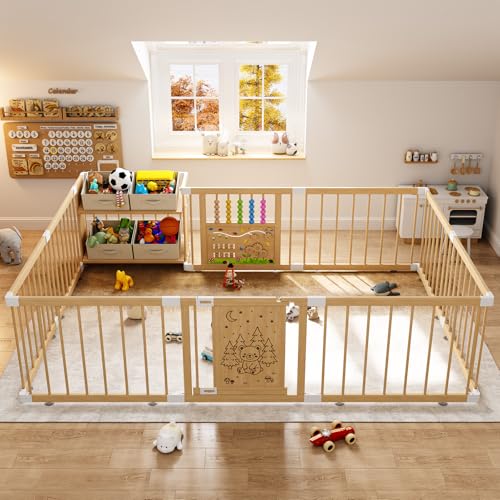 Image of IKALIFE Large Wooden Baby Storage Playpen - Adjustable Play Yard for Babies and Toddlers, Baby Fence Activity Center with Locking Gate, 4 Toy Storage Cases Portable Play Pen 9+3 Panels 47.2”×70.9”