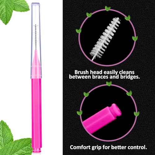 Image of Patelai 100 Pieces Braces Dental Brush for Cleaner Interdental Toothpick Dental Tooth Flossing Head Oral Hygiene Flosser Toothpick Cleaners Tooth Tool(Pink,Portable Size)