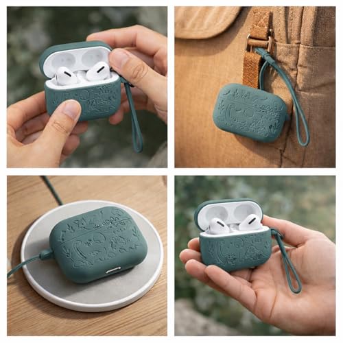 Image of Emoh Roced Case for Airpods Pro 3,Silicone Flower Engraved Cases Compatible with Apple AirPods Pro 3rd Generation 2025, Shockproof, Anti-Scratch, Protective Case Cover (Dark Green, for AirPods pro 3)