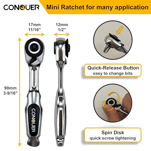 Image of CONQUER 22pc 1 /4 Ultra Low Profile Mini Ratchet Close Quarter Mini Screwdriver Set with High Torque - Right Angle EDC Tool with 72-Tooth Gear head and Spin Disk for Tight Spaces