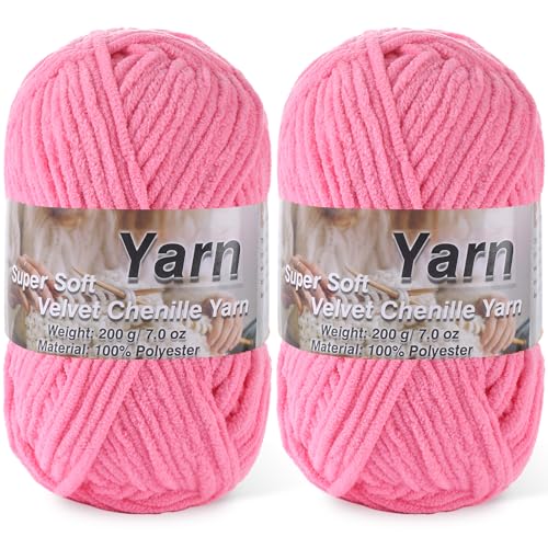 Image of 2 * 200g /7oz Chunky Chenille Yarn for Baby Blanket Yarn for Crocheting - Super Soft Chenille Plush Yarn - Bulk Thick Yarns Used for Making Scarves, Blankets, DIY Craft (Deep Pink)