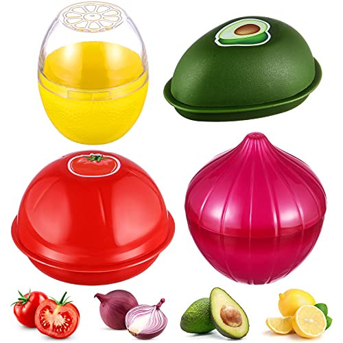OBANGONG 4 PCS Fruit Vegetable Shaped Savers Storage Box Onion,Lemon,Avocado Tomato Shaped Savers/Keeper Reusable Refrigerator Storage Box Avocado Keeper for Food Fresh-Keeping