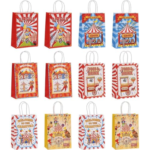 Sacos de papel para festas, 12 unidades, com tema de circo de desenhos animados, sacos de presente de papel Kraft, pacote múltiplo, para guardar doces e refrigerados, lembranças de festa de