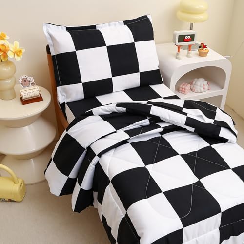 Image of Caressma Checkered Toddler Bedding Set Black White Plaid Comforter Set | Classic Black and White Bed Set, Grid Buffalo 4 Pieces Kids Bedding with Comforter, Fitted Sheet, Flat Sheet, Pillowsham