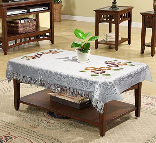 Image of Heart Home Flower Printed Cotton 4 Seater Center Table Cover with Jhalar Border, 40 inchx60 inch (White)-44HH0117