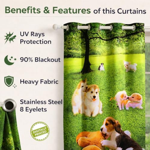 Image of Swayam Blackout Polyester Kids Window Curtain for Living Room & Bedroom | 5 Feet | Room Darkening Curtain with Eyelets | Pack of 1 | Puppy Design - Green
