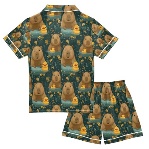 senya Capybara with Duck Bathing Satin Summer Pajama Sets Silk Short Sleeve Button Down Sleepwear2