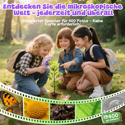 Einhorn Handy Digitales Mikroskop für Kinder, Tragbares Taschenmikroskop mit Licht 2,0 IPS-Bildschirm 4X Zoom Vergrößerung, Spielzeug Geschenke für Kinder Jungen Mädchen über 5-8