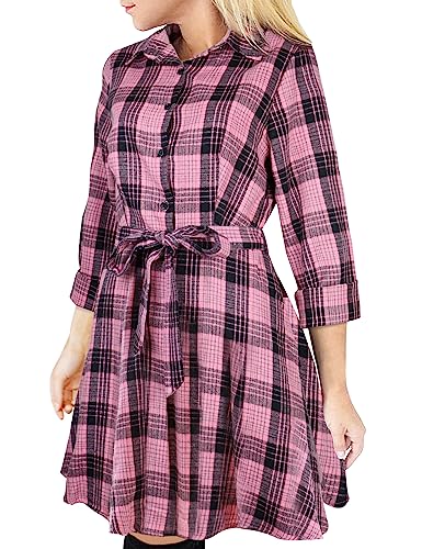 FANCYINN Kariertes Hemdkleid für Damen, langärmelig, kariert, Tartan-Hemd, Minikleid, langes Oberteil, kurz, Stil, Rosa und Schwarz, XS