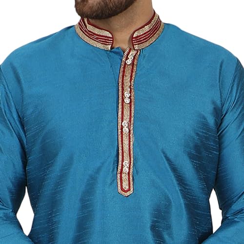 Image of SKAVIJ Men's Traditional Regular Fit Thread Work Ethnic Wear Kurta with Pajama Set Turquoise S