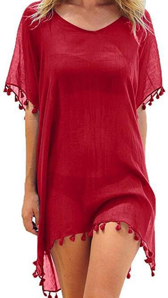 Hanaoops Mujer Suelto Vestido de Playa V Cuello Gasa Ropa de Baño con Borla Verano Traje de Baño Bikini Cover Up para Playa Chic Loose Semitransparente Camisolas y Pareos Vestido