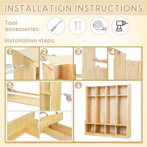 Image of Colingmill 4 Section Coat Locker with Bench Daycare Cubbies for Classrooms Natural Pine Finish Wooden Backpack Cubby Storage Organizer with Hooks for Daycare Classroom and Home