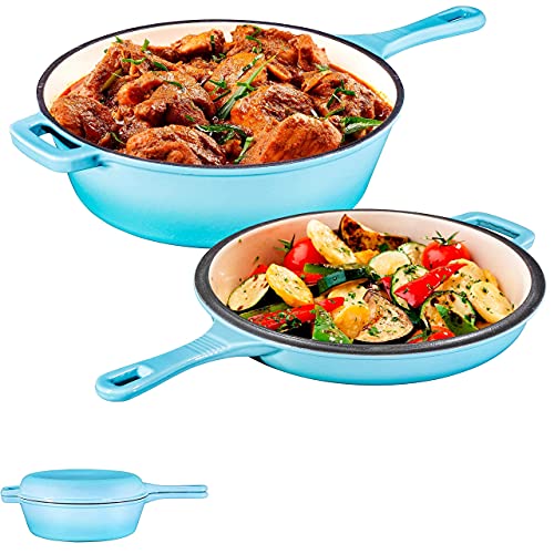 Bruntmor 2-in-1, 3 Quart Enamel Cast Iron Dutch Oven With Handle, 3 Qt Blue Cast Iron Skillet, Enamel All-in-One Cookware Braising Pan For Casserole Dish, Crock Pot Covered With Cast Iron - Thumbnail 2
