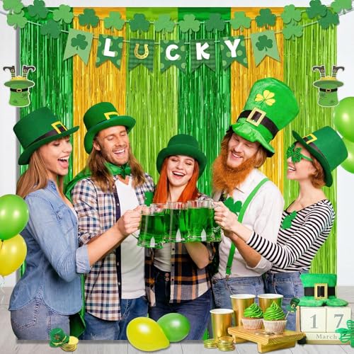 Image of 2 Pack St Patrick Party Decorations, Green Party Backdrop Green Gold Light Green Backdrop Curtains, Metallic St.Patrick Fringe Curtains Party Streamer Tinsel Backdrop, St Patrick Party Supplies
