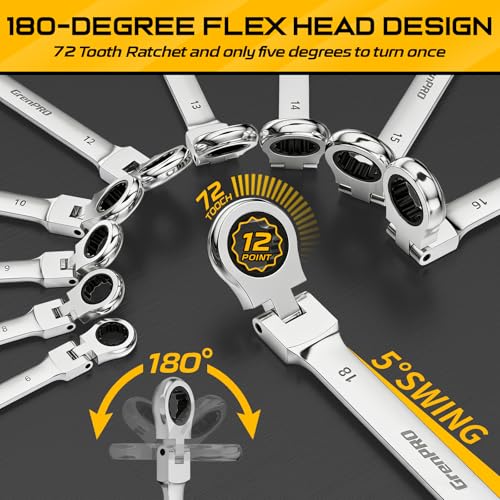 Image of GRENPRO 23PC Flex Head Ratcheting Wrench Set SAE & Metric Mechanic Tools | 1 /4 inch-3 /4 inch&6-18MM Bolt Gauge, CR-V Steel 72-Tooth 180-Degree Flex Head 12Pt, Color Rings, Roll Pouch For Auto & Home Repair