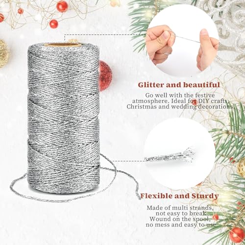 KINGLAKE Silver String Twine,1.5mm Sparkly Silver Cord Thread Decorative Metallic String for Gift Wrapping,100m Glitter Twine Christmas Bauble String for Crafts,Christmas Decoration,Wedding,Jewelry - Image 2