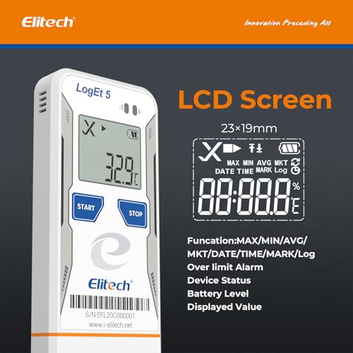 Image of Elitech Bluetooth Data Logger FDA Standards, Temperature Humidity External Probe with Shadow Data 32000 Points, Auto PDF /CSV Report, for Windows /MacOS, Refrigerator Thermometer LogEt5B-THE, Blue