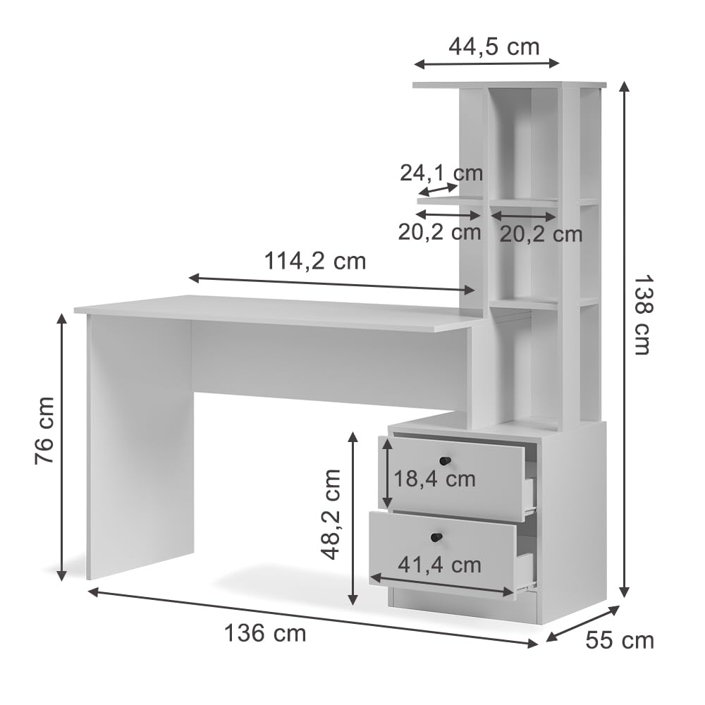 Vicco Escritorio Denton, Blanco, 136 x 55 cm | con compartimentos abiertos para organizar material de trabajo