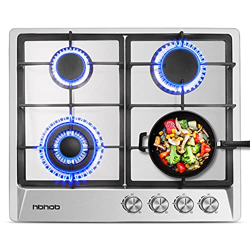 24 inches Stainless Gas Cooktop Built in Gas Stove 4 Burners Gas Stove Cooktop (4 Sealed Burners) Stove Burner Castiron Grate Stove-Top LPG/NG Dual Fuel Thermocouple Protection and Easy to Clean