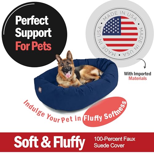 Image of Majestic Pet Suede Shredded Memory Foam Mix Calming Dog Bed Washable - Cozy Soft Round Dog Bed with Spine for Head Support - Fluffy Donut Dog Bed, 52 Inch, Navy