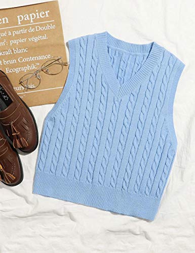 Locachy Women¡¯S Vintage Loose V Neck Sleeveless Cable Knit Preppy Style Pullover Sweater Vest Sky Blue-L #TOP4