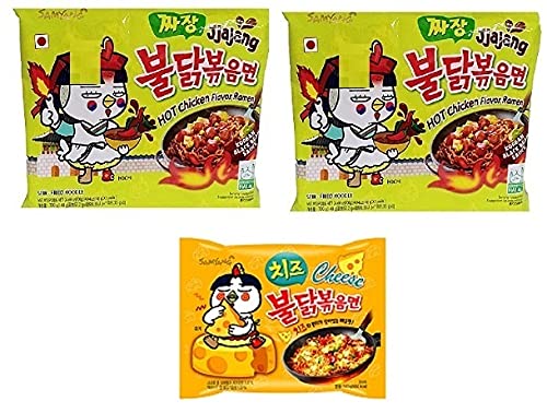 Sam Yang Korean Ramen Buldak Jijang Flavour Spicy Noodles Pack2&Buldak Hot Chicken Cheese Flavour Noodles Pack1(Pack Of 3)(420Gm)(Imported)Instant Noodles Non-Vegetarian(3X140 G)(Combo Pack)