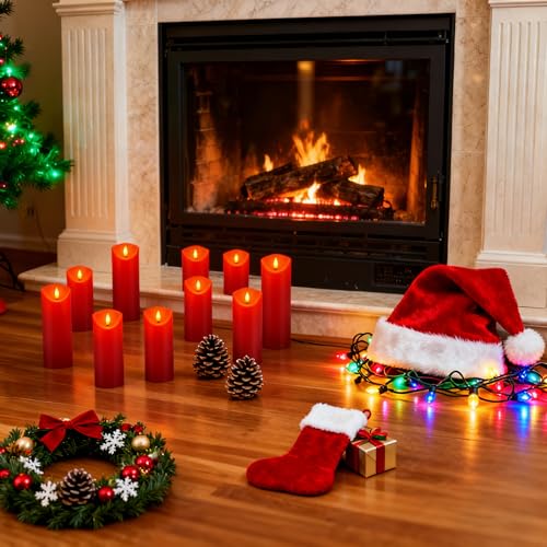 Image of fclayvts 24 Pack Red LED Candles with Remote & Timer - Flameless Pillar Candles with 3D Flickering Flame, Battery Operated for Christmas Tree, Table Centerpieces, Party Decor