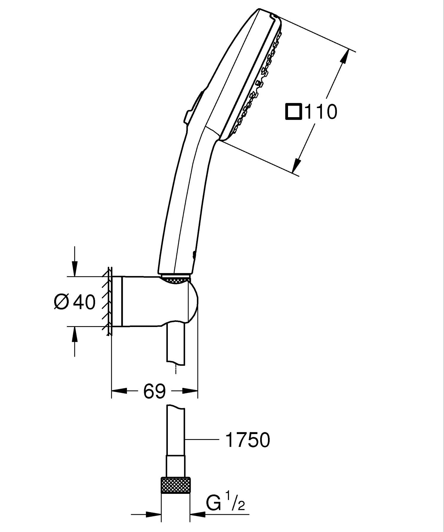 GROHE Vitalio Comfort 110, Ensemble de Douche avec Douchette Carrée 2 jets, Support Mural Universel, Flexible 1,75m, Economie d'Eau, A coller avec GROHE QuickGlue ou à visser, Noir Mat, 263992431