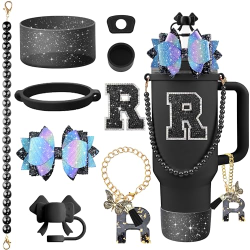 Hpebl 9PCS Black for Stanley Cup Accessories Set Bling Initials Bow Charms for Stanley Decorations 30/40 Oz Tumbler Accessories Including Bow Straw Topper, Handle Strap, Spill Stopper（Letter R） - image 1