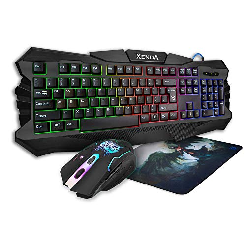 Defender Rainbow Gaming Backlit Keyboard & Mouse Combo with Smooth Mousepad  5 Customizable Mouse Buttons, 19 Anti-Ghost Keys  DPI& Backlight Brightness Adjustment  Ergonomic & Durable